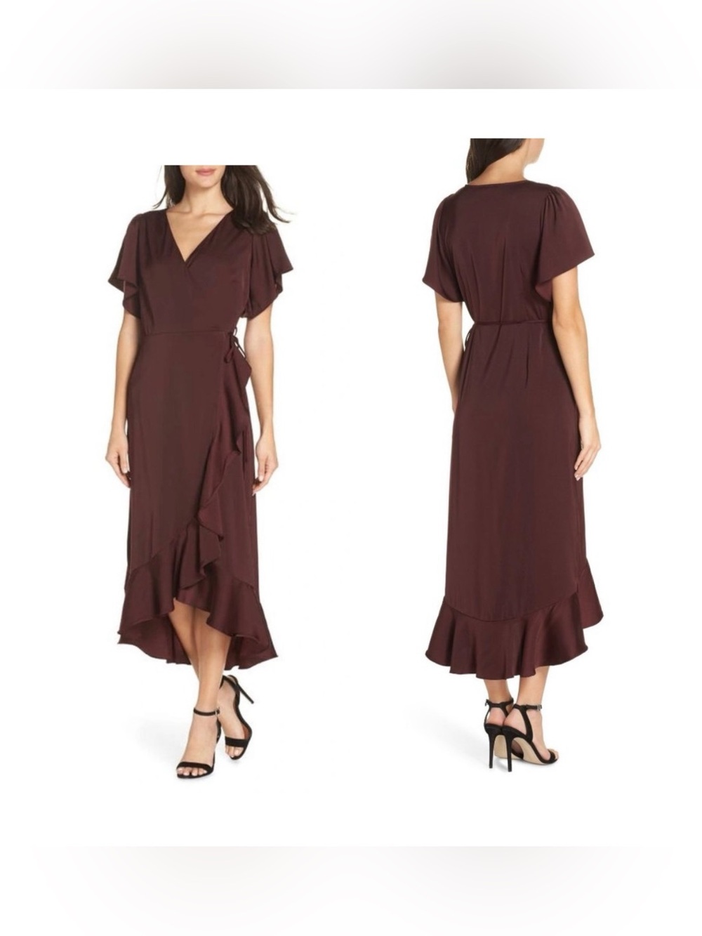 Chelsea28 Medium Burgundy Ruffle True Wrap Flutter Sleeve Midi Dress